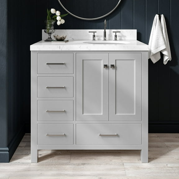 Ariel Cambridge 36 Inch Single Right Offset Oval Sink Bathroom Vanity With Carrara White Quartz Countertop 1.5 Edge In Grey