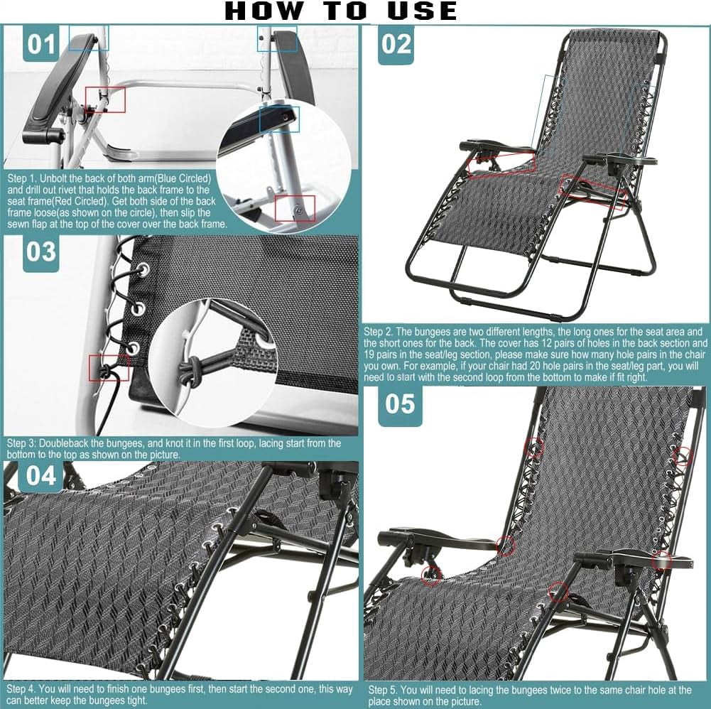 Zero Gravity Chair Replacement Fabric Antigravity Folding Lounge Chair Cloth Part with 4PCS Patio Recliner Repair Elastic Lace Cords for Garden Lawn Bungee Chair Outdoor Sun Loungers Black