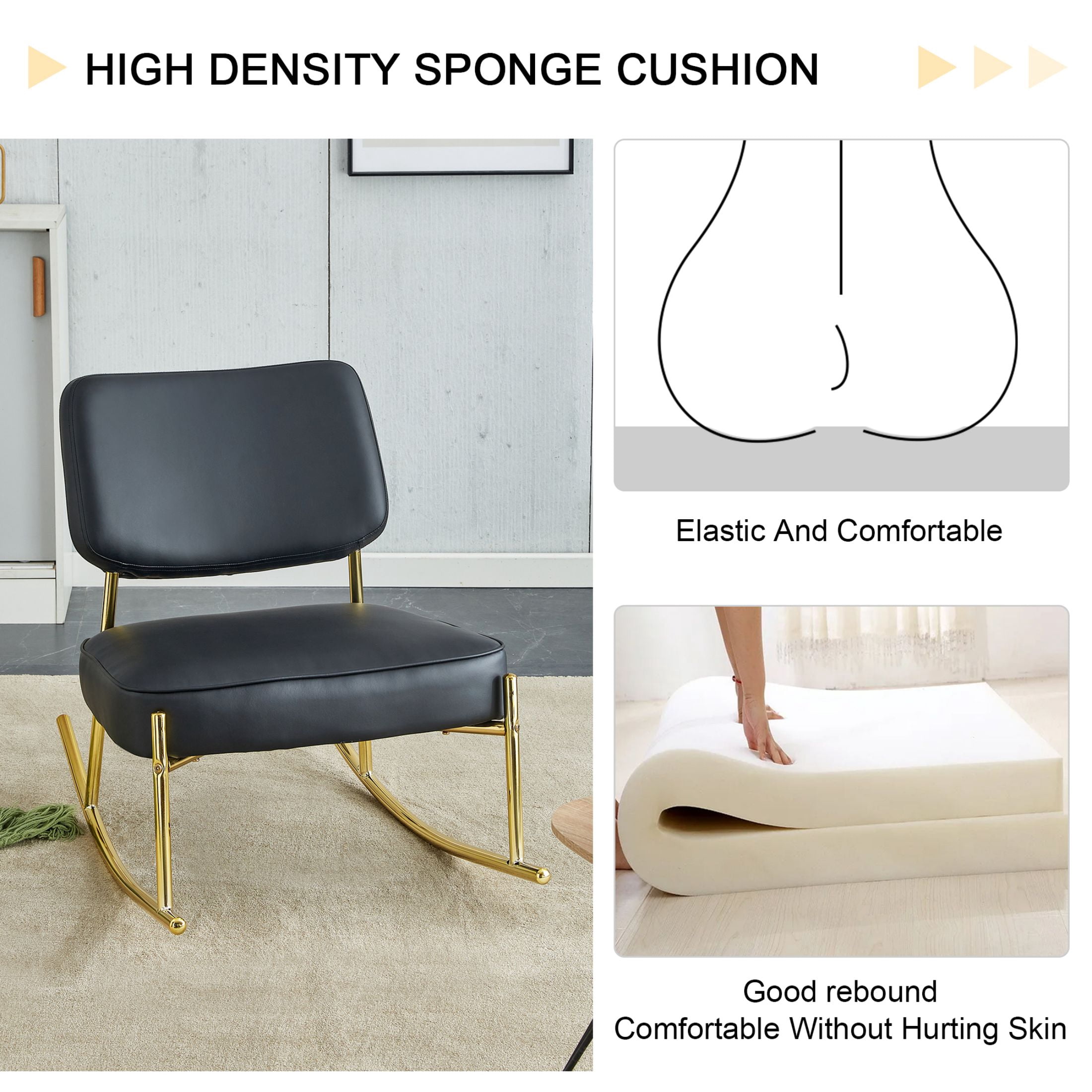 Aukfa Deep Seating Rocking Chair with PU Leather Padded Seat, Golden Metal Legs for Living Room, Black
