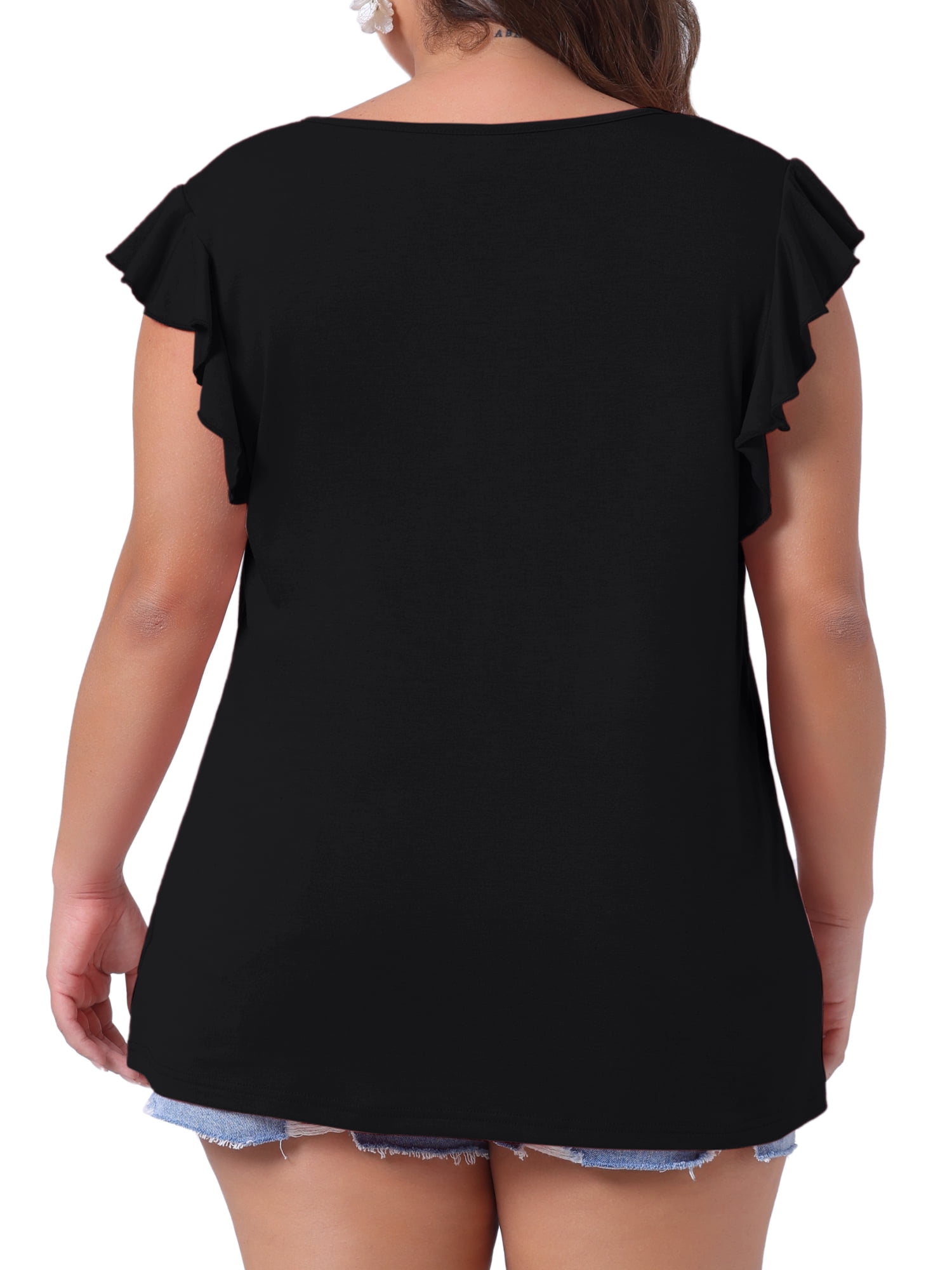 DARING DIVA Women's Plus Casual V Neck Ruffle Casual Top Blouse Tank Tops 1X Black