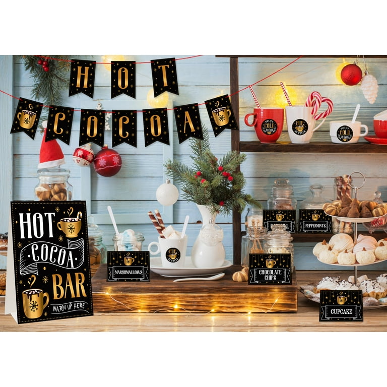 FLYAB Hot Cocoa Bar Kit Hot Cocoa Bar Sign Hot Chocolate Bar Supplies  Toppings Labels Cup Tags Stickers for Winter Birthday Baby Shower Christmas  New