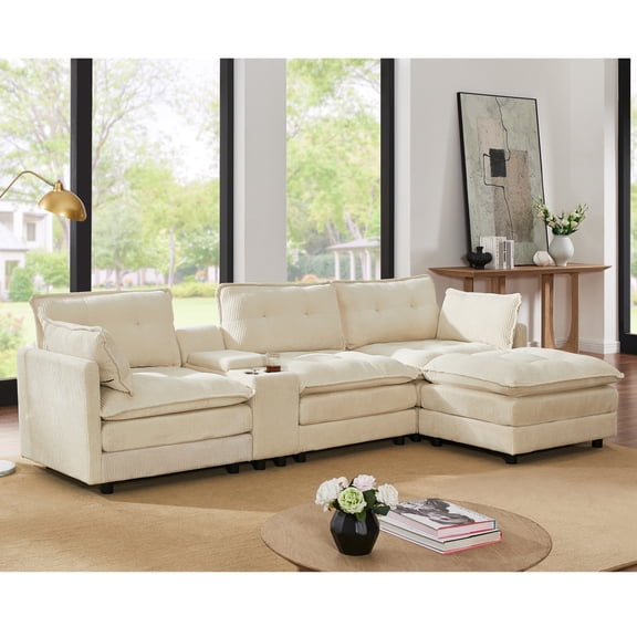 119" L-Shaped Oversized Modular Sectional Sofa with Ottoman, Multi-Functional Console with USB and Cup Holders, 4-Seater Upholstered Couch for Living Room,Beige