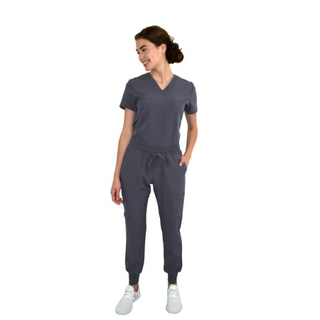 

Women s Tuck-In Top/Jogger Scrub Set Medical Nursing GT 4FLEX Top and Pant-Pewter-XX-Large