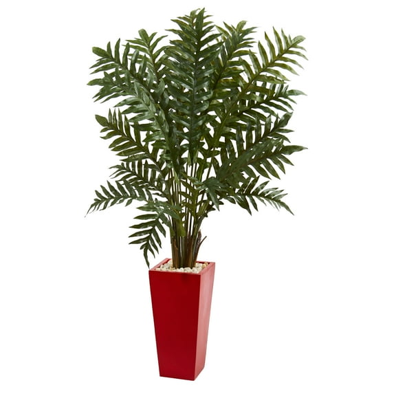 Nearly Natural Plastic 4.5' Evergreen Artificial Plant in Red Tower Vase, Green