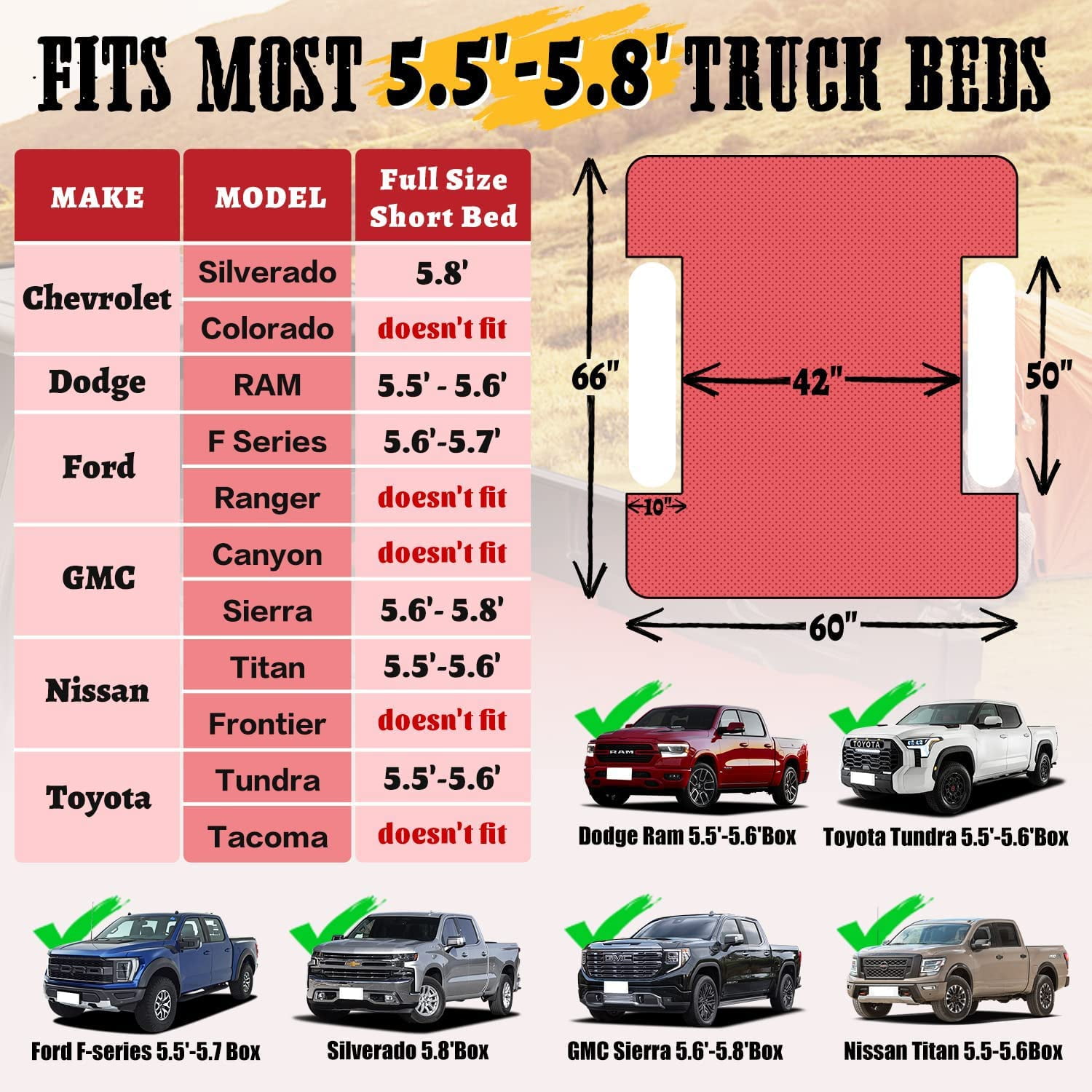 Truck Bed Air Mattress for 5.5'-5.8' Full Size Short Truck Bed Inflatable Camping Mattress with Pump & Carry Bag, Red