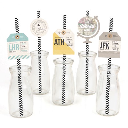 World Parts - World Awaits - Paper Straw Decor - Travel Themed Party Striped Decorative Straws - Set of 24