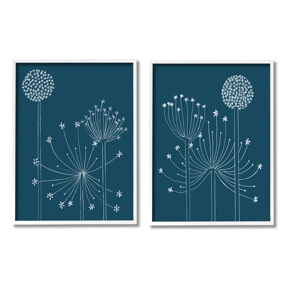 Stupell Industries Blooming Dandelions Line Drawing Graphic Art White Framed Art Print Wall Art, Set of 2, Design by Alicia Longley