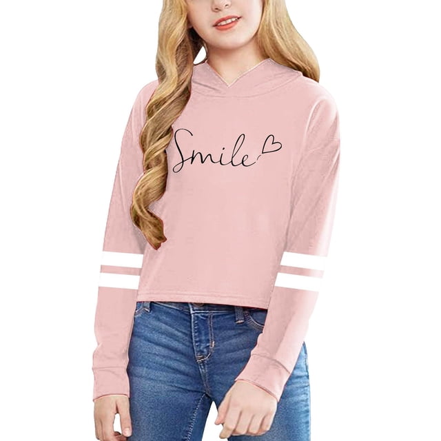 GDREDA Spring Sweatshirt Children Girls Long Sleeve Letters Solid Color Short Hoodie Hoodie Top For Large Children Pink,6-7 Years