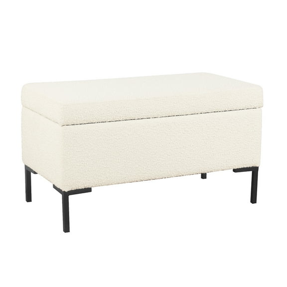 Ray Storage Bench Ottoman, Cream White Boucle, Metal Legs, 32 Inch