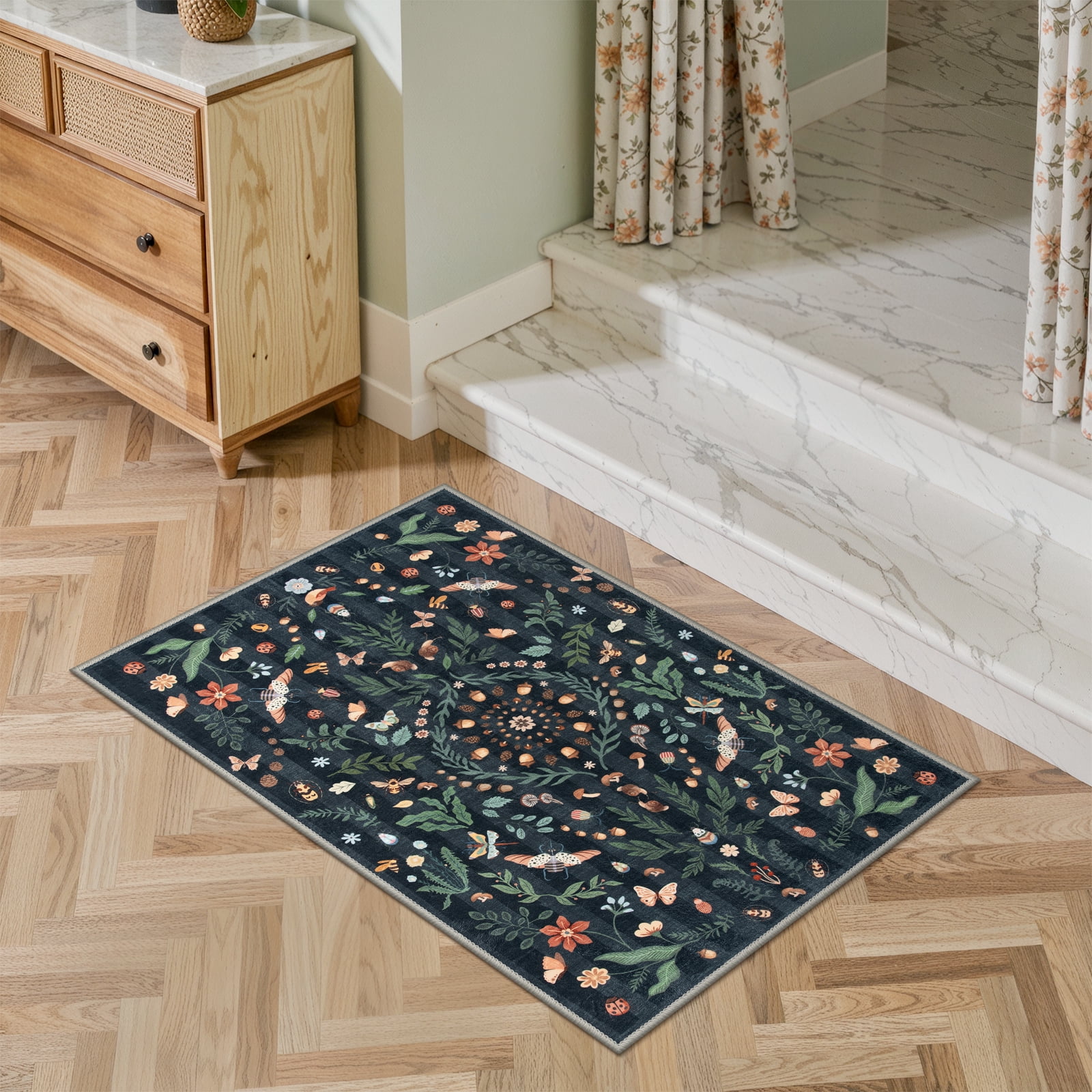 Wonnitar 2x3 Insect Floral Small Rugs for Entryway, Washable Black Boho Door Mat Indoor Entrance, Soft Non-Slip Indoor Carpet for Laundry Bathroom
