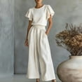 thumbnail image 2 of PRINxy Women's 2 Piece Solid Ruffle Lounge Set Crew Neck Short Sleeve Ruffle Trim Top and High Waist Wide Leg Pants Elegant Daily Wear White XL, 2 of 6