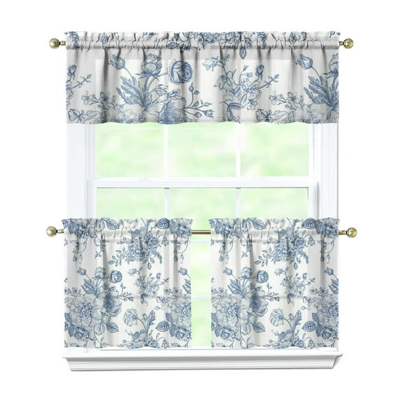 Boho Vintage Curtains 24 Inch Short - 3 Panel Farmhouse Wildflower Set with Rustic Floral Design, Rod Pocket Kitchen
