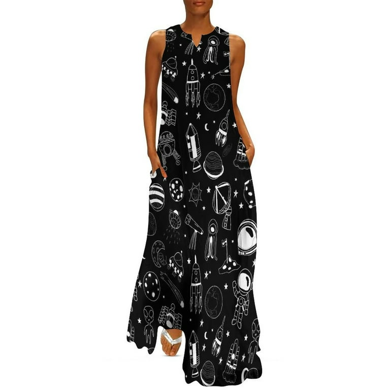 Celestial Space Print Dress Black White Night Club Maxi Dress Street Style  Bohemia Long Dresses Female Design Oversized Clothing - Walmart.com