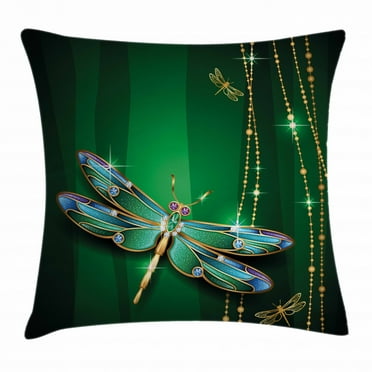 Dragonfly Throw Pillow Cushion Cover, Vivid Figures in Gemstone Crystal Diamond Shapes Graphic Artsy Effects, Decorative Square Accent Pillow Case, 18 X 18 Inches, Gold Hunter Green, by Ambesonne