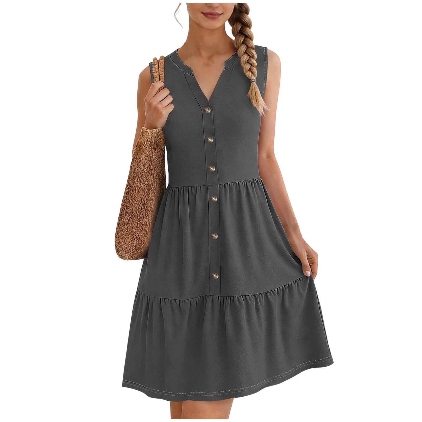 Oplxuo Summer Dresses for Women V Neck Sleeveless Sundresses Button Down Casual Dresses Ruffled Hem Midi Dress for Beach