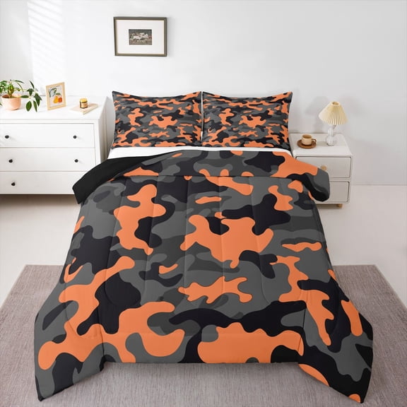 Army Camouflage Lightweight Bedding Set Teens Camo Comforter Set Colorful Pattern Decor Comforter Orange Black Grey Quilt Set Bedroom Collection 3Pcs Full Size
