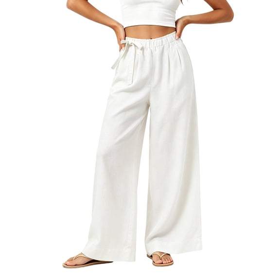 Khunlpohl Cotton Linen Pants for Womens Wide Legs Elastic Waist Palazzo Casual Pant Tied Loose Trendy Trousers with Pockets