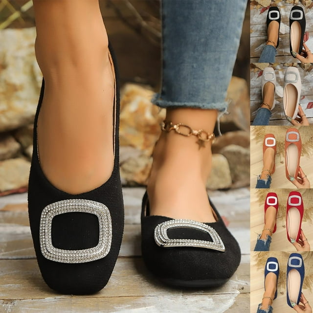 Women's Wide Width Rhinestone Buckle Loafers, Faux Suede Square Toe Slip-On Casual Dress Shoes for Spring & Fall, Multi-Color