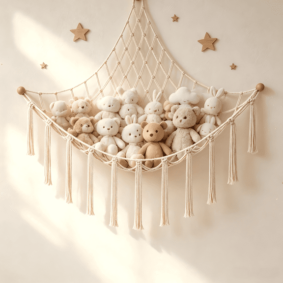 Large Macrame Stuffed Animal Storage Hammock – Bohemian Wall Decor for Bedroom & Playroom, Cute Plush Toy Organizer, Space-Saving Corner Net for Collectors & Teens