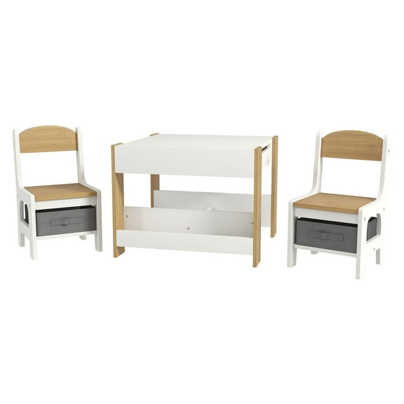 Kids Table and Chair Set 3PC, Reversible Tabletop, Storage Bookshelf, Natural Wood - Toddler Furniture for Playroom, Ages 3-8