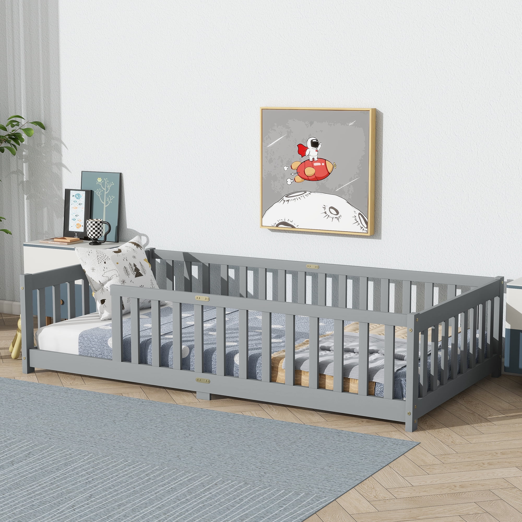 Miniyam Wooden Twin Size Floor Bed with Safety Fence for Kids, Gray