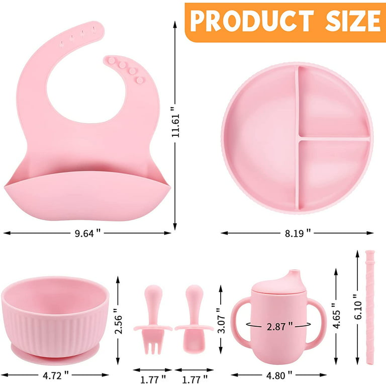  Silicone Baby Feeding Set, Baby Led Weaning Supplies with  Suction Bowl Divided Plate, Toddler Self Feeding Dish Set with Spoons Forks  Sippy Cup Adjustable Bib, Eating Utensils for 6+ Months(Pink) 