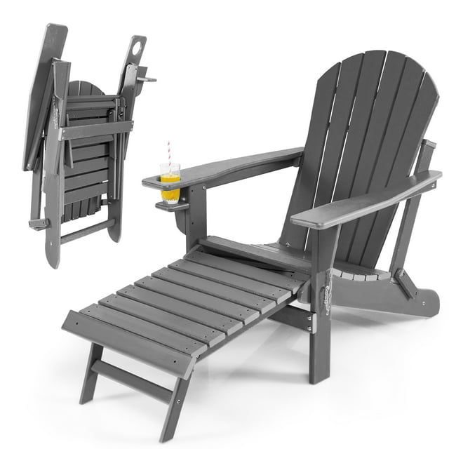 Costway Patio Folding Adirondack Chair HDPE All-Weather Pull-Out Ottoman Grey