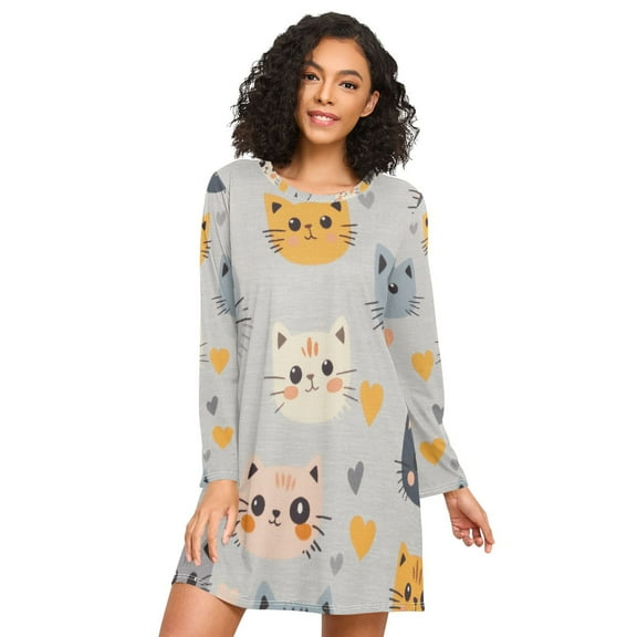 FORMRS Womens Long Sleeve Nightgowns Crew Neck Sleep Shirt Soft Pajamas Sizes S-3XL, Cute Cartoon Cat