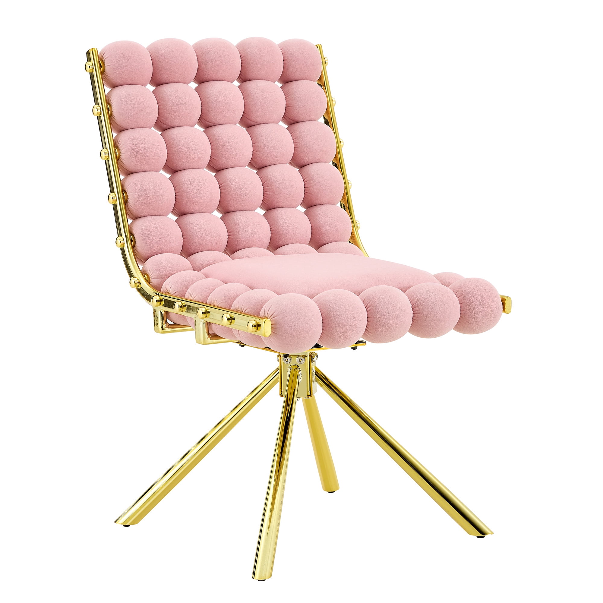 Aukfa Velvet Swivel Dining Chairs Set of 2, Modern Bubble Tufted Kitchen Side Chairs, Gold Metal Legs,Pink