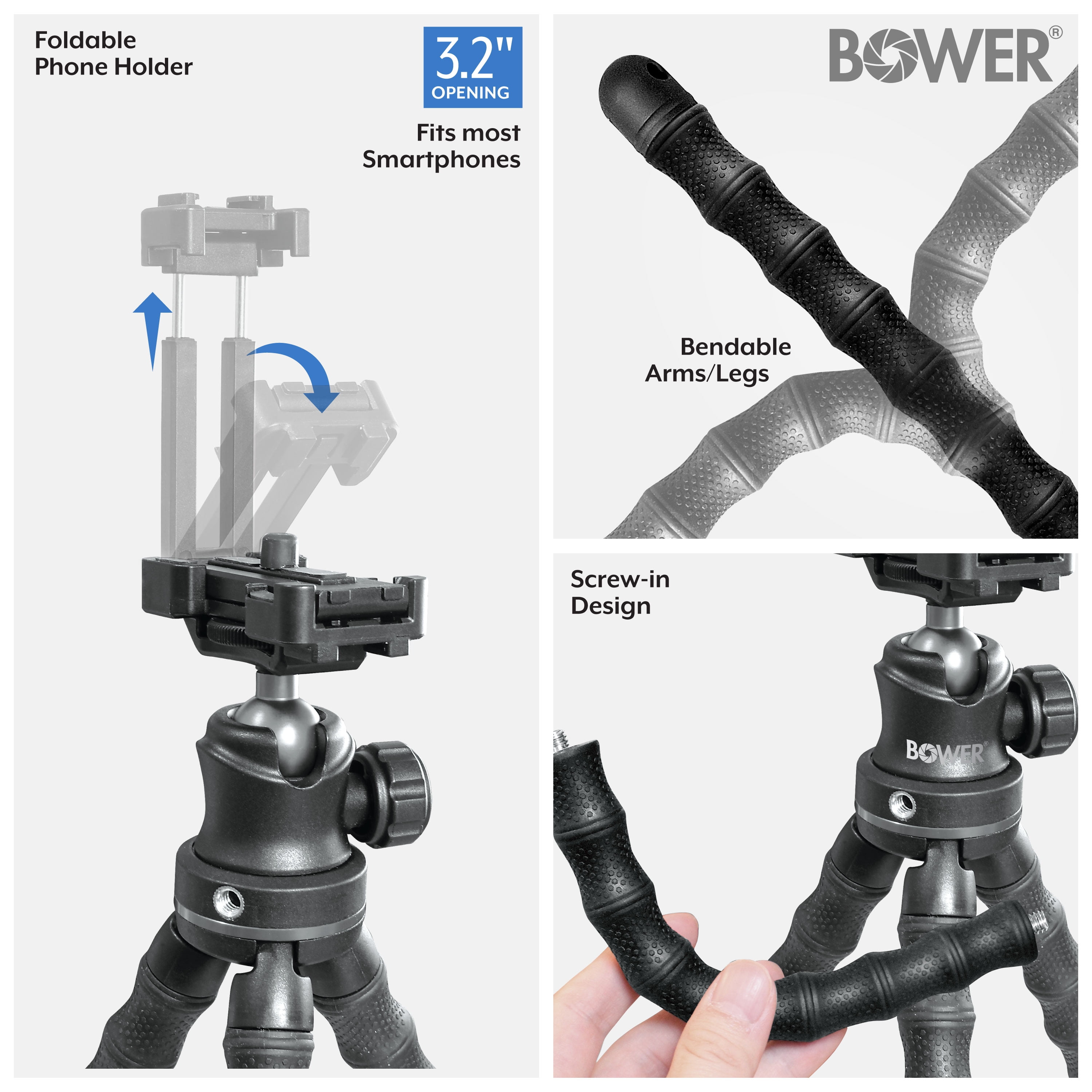 Bower 14- inch Grappling Vlogging Flexible Tripod with Ball Head for Content Creation; Black, ACCESSORY