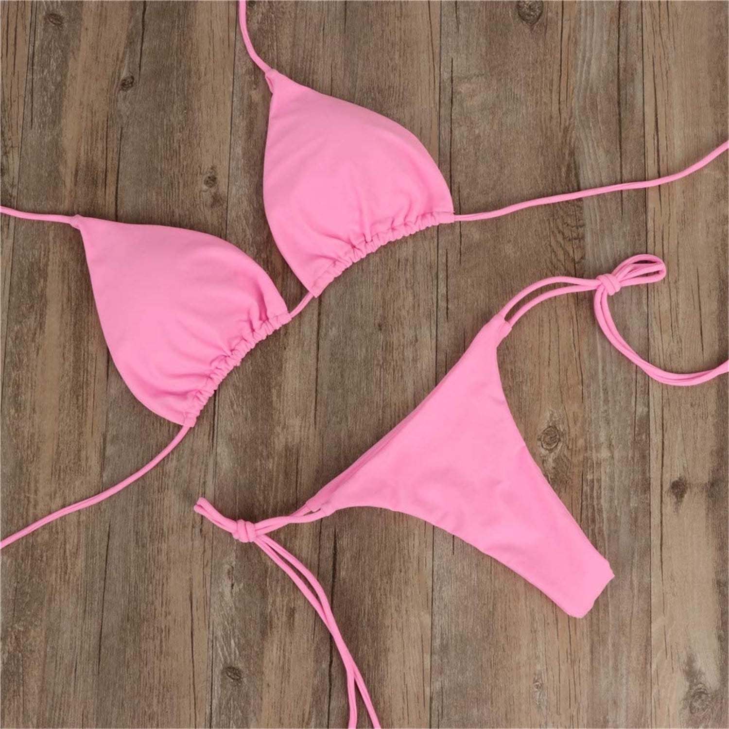 Qiylii Women 2PCS Solid Color Bikini Set, Solid Color Wire-Free Padded  Halter Straps Bra, High Waist Triangle Panty, Summer Swimming Set
