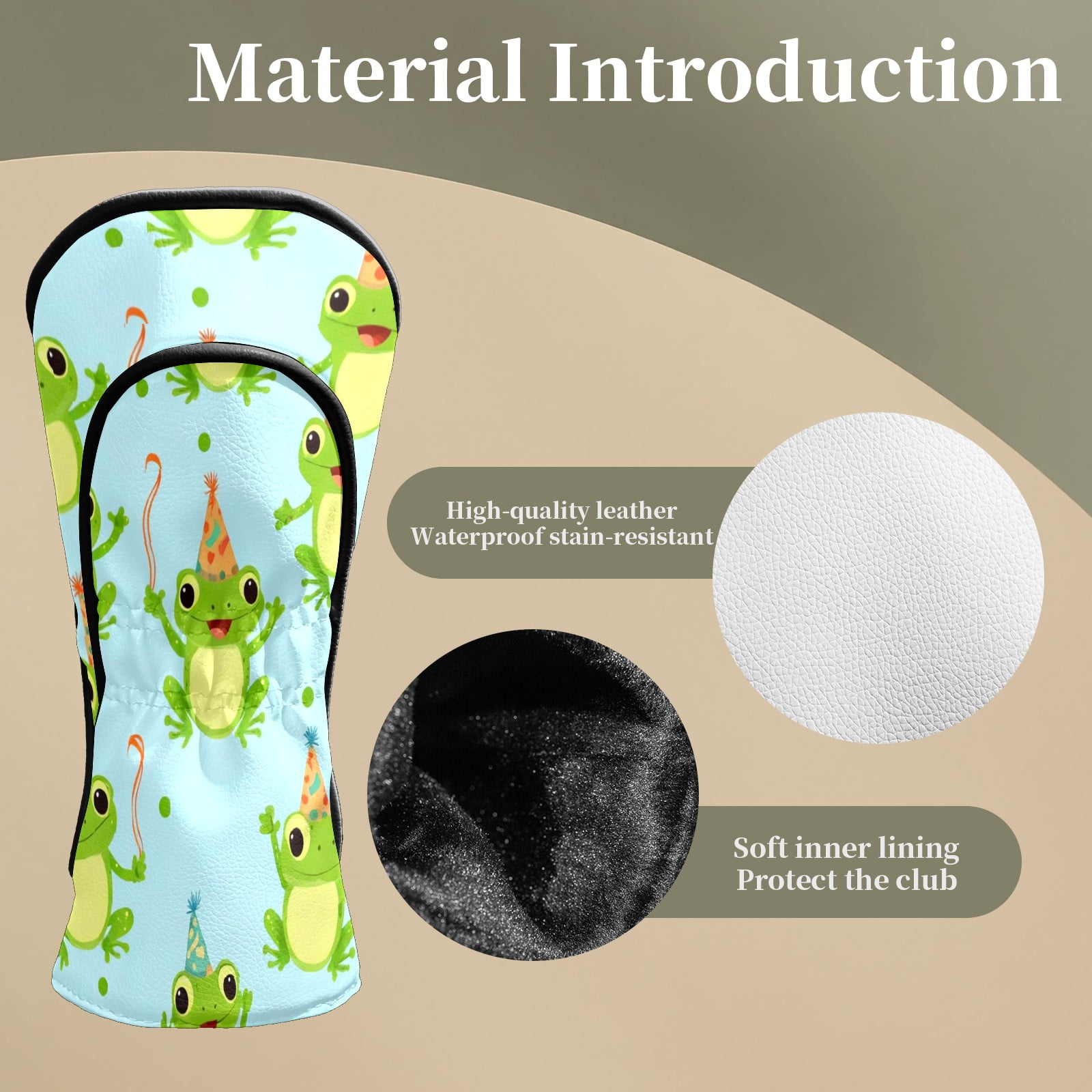 Golf Head Covers for Woods and Driver Waterproof Leather Golf Club Head Covers for Women Men Golf Driver Fairway Wood Headcover Party Hat Frog Seamless Pattern