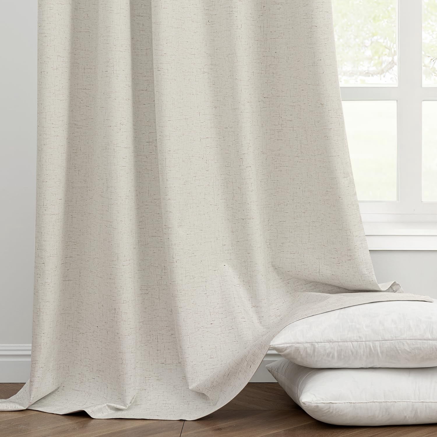 Cream Beige Linen Blackout Curtains 84 inch Long 2 Panels Set for Bedroom Back Tab Thermal Insulated 100% Black Out Drapes Pinch Pleated Hooks Room Darkening Window Curtain for Living Room