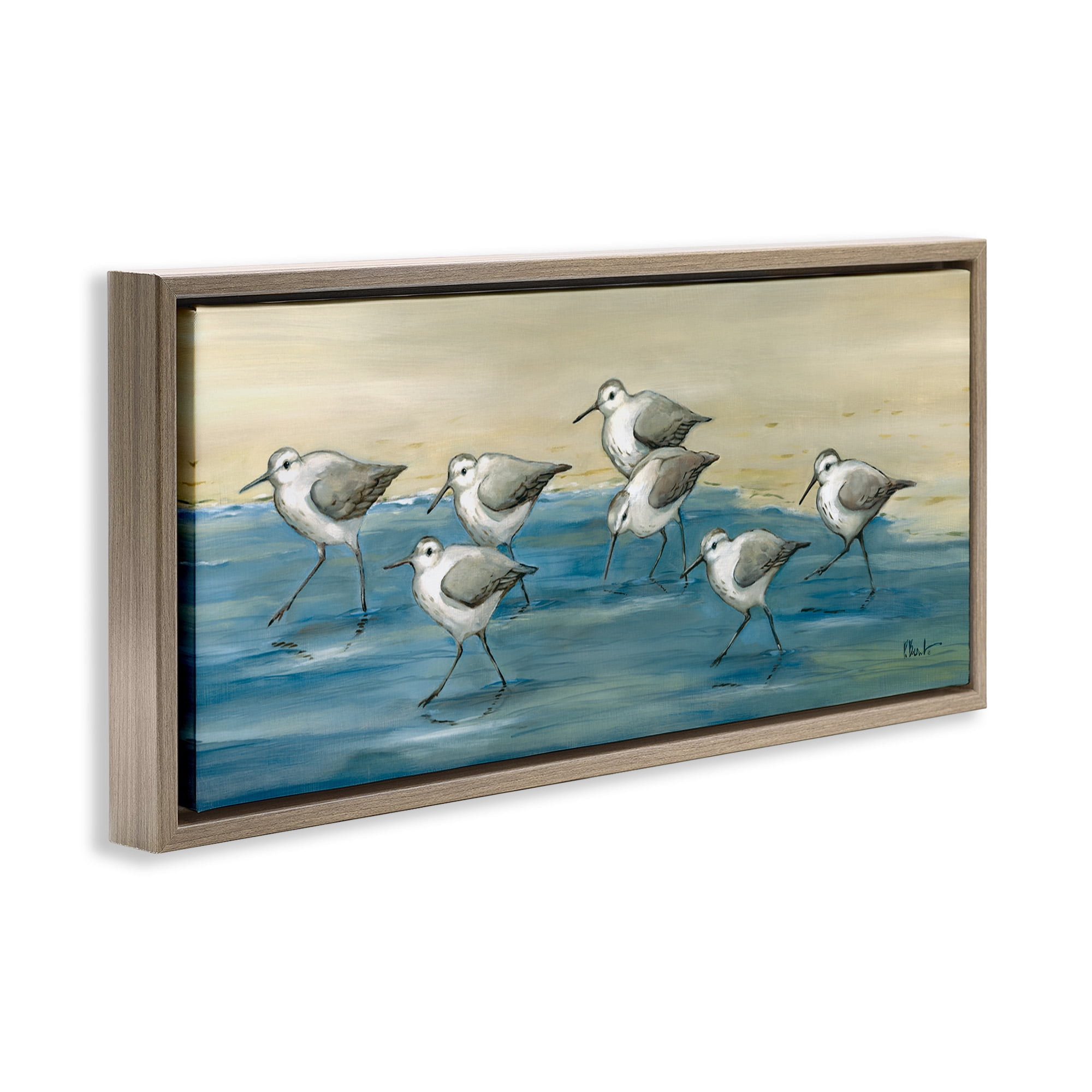 Stupell Industries Sandpiper Bird Flock Beach Shoreline Nature Painting Brown Floater Framed Canvas Art Print Wall Art, 25 x 11