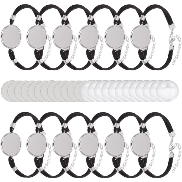 36 piezas de biseles para pulseras, bandejas de base en blanco para pulseras redondas de sublimación, bisel ajustable con cabujones de vidrio y láminas de aluminio.