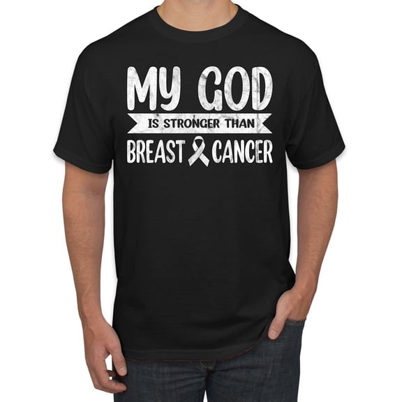 Wild Bobby My God Is Stronger Than Breast Cancer White Distressed Breast Cancer Awareness Men Tee, Black, Small