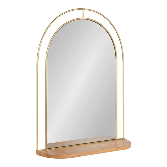 Kate and Laurel Reverie Modern Arched Mirror with Shelf, 23 x 30, Natural Wood and Gold, Transitional Arch Mirror with Unique Glam Frame for Wall Decor