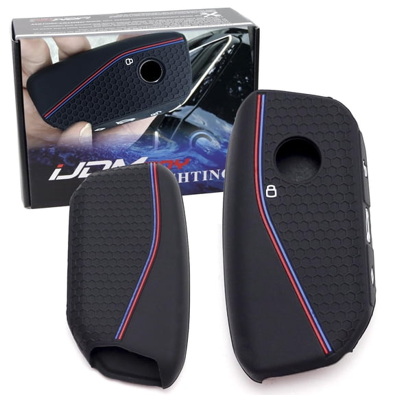 Iconic Red/Blue Stripe Soft Silicone Key Fob Case For BMW 2023-up X5 X6 X7 iX, 4 5 7 Series i5 i7, etc Side Button Smart Key