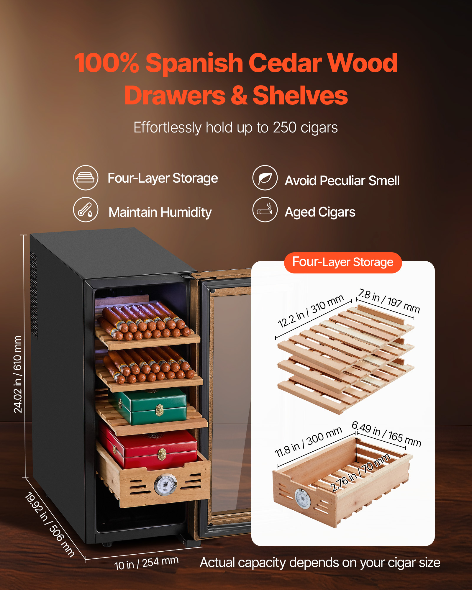 VEVOR Electric Humidor, 33L, 250 Counts Electric Cigar Humidor Cabinet with Cooling Temperature Control, Spanish Cedar Wood Shelves & Drawers, Mechanical Hygrometer, 4 Layers, Cooler for Household