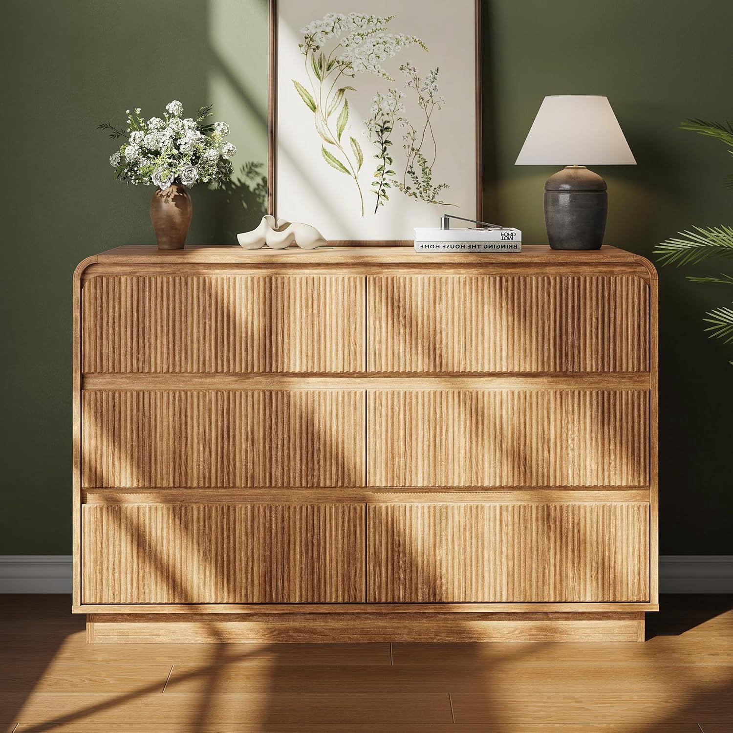Akaber 6 Drawer Dresser for Bedroom, Fluted Tall Dresser 48" Wide Handleless Chest of Drawers with Rounded Corners, Modern Wood Dresser, Organizer Storage, Natural Oak