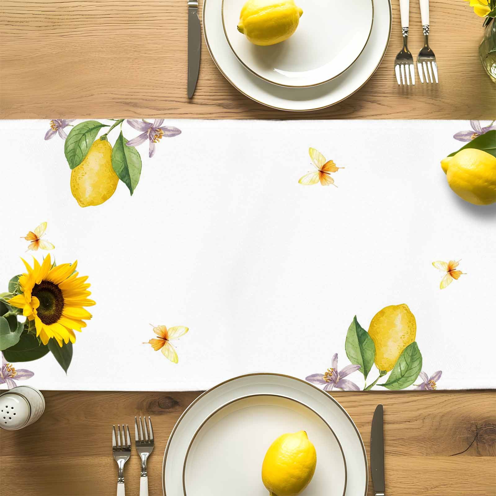 Summer Lemon Flower Leaves Table Runner 90 Inches Long, Butterfly Welcome Quote Table Runners Tabletop Scarf Kitchen Dining Tables Decoration for Home Party Indoor Outdoor