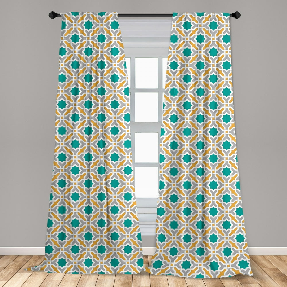Teal Curtains 2 Panels Set, Abstract Geometric Pattern Eastern Oriental ...