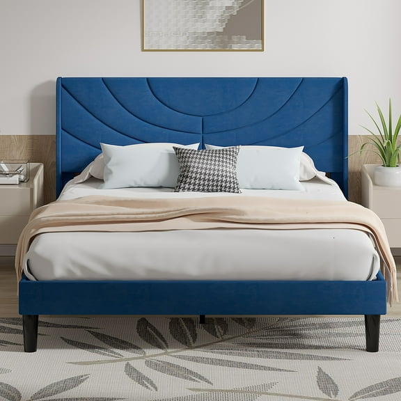 Javlergo Queen Bed Frame, Upholstered Platform Bed Frame with Headboard and Strong Wooden Slats, Non-Slip and Noise-Free,No Box Spring Needed, Easy Assembly, Queen Size Bed Frame, Dark Blue