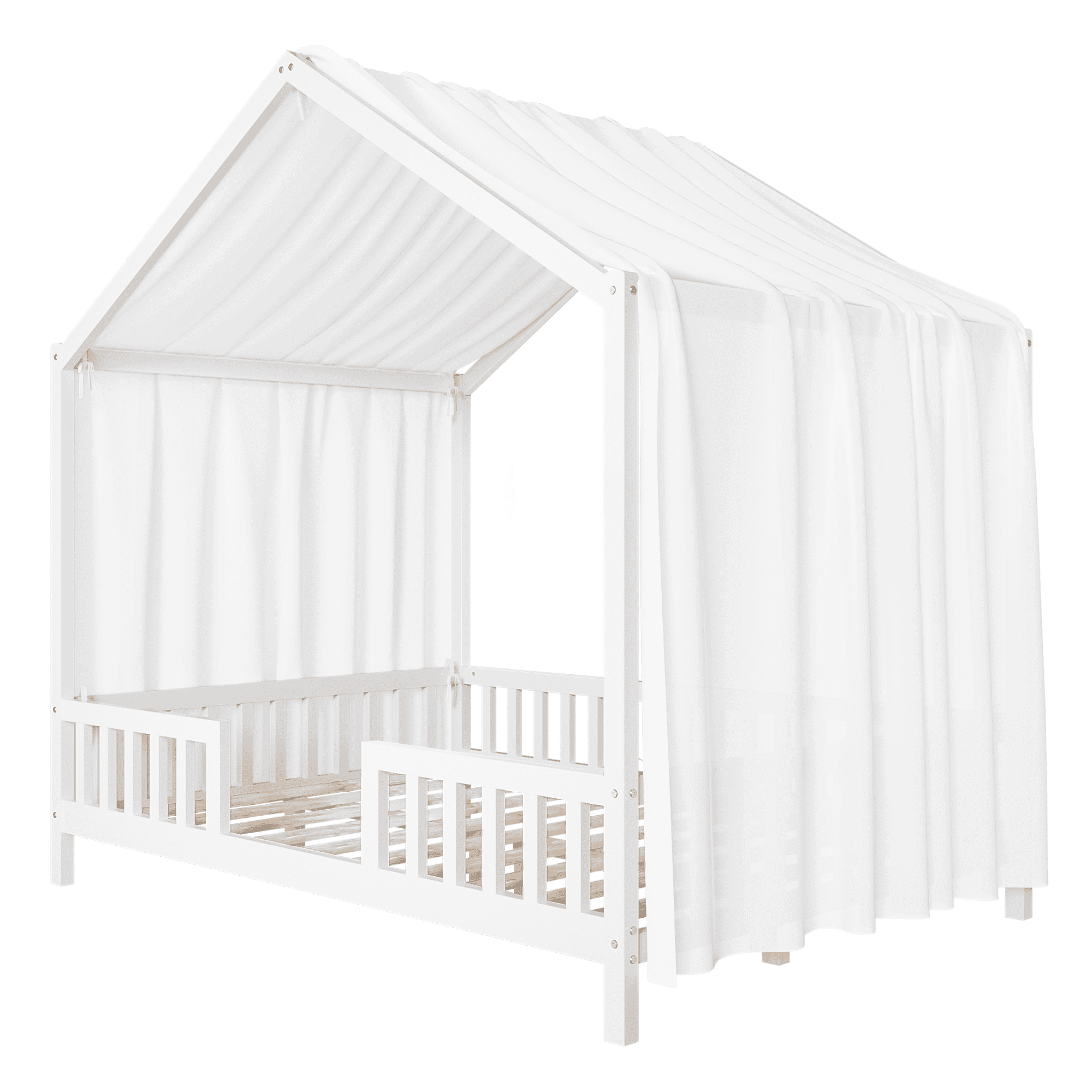 Harper & Bright Designs Montessori Floor Bed with Canopy and Roof, Full Wood House Shape Bed Frame with Railings for Girls Boys Bedroom, White