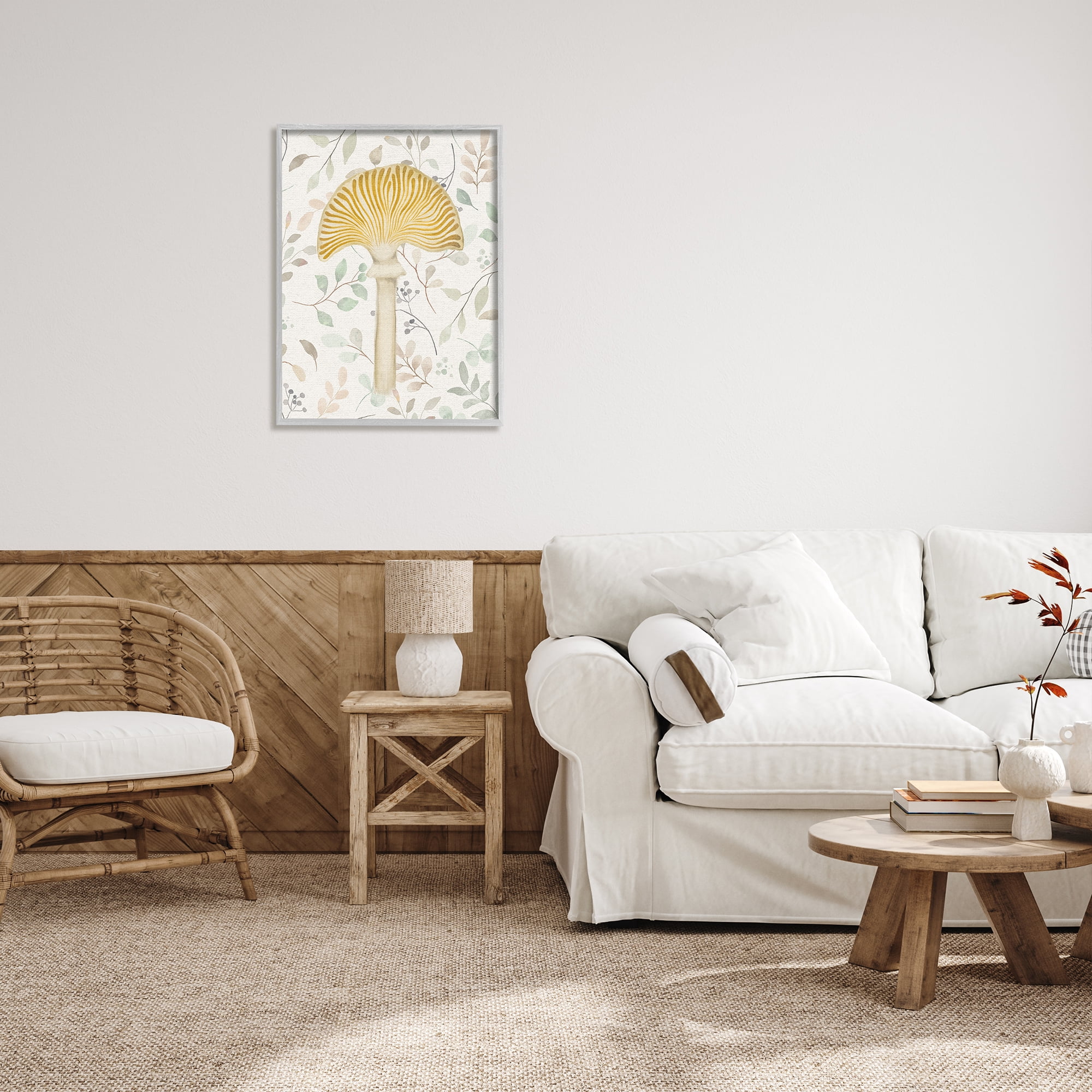 Stupell Industries Yellow Mushroom & Leaves Botanical & Floral Painting Gray Framed Art Print Wall Art, 24 x 30
