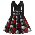 thumbnail image 1 of Disfraces de Halloween con estampado de calaveras para mujer, manga larga, años 50 y 60, vestido de fiesta de noche para ama de casa, disfraces de cosplay elegantes y aterradores, 1 of 5