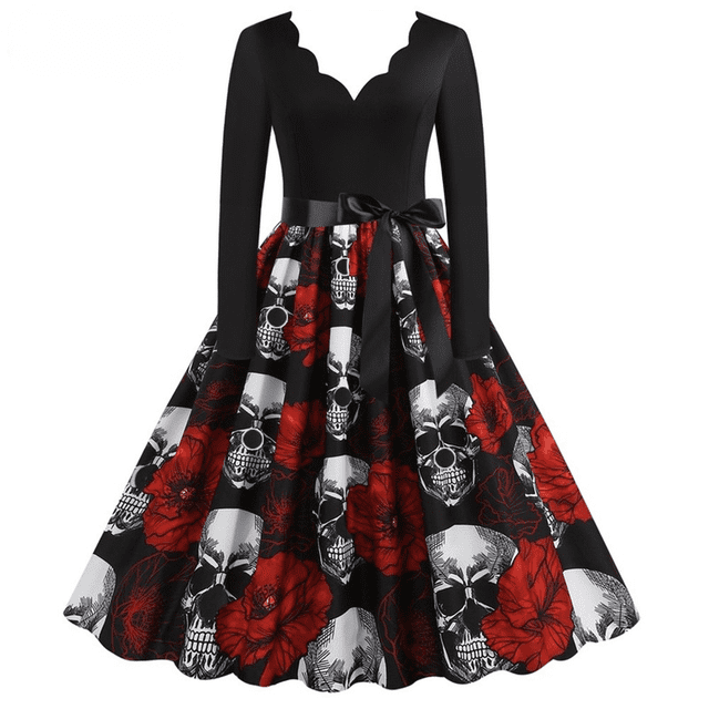 Disfraces de Halloween con estampado de calaveras para mujer, manga larga, años 50 y 60, vestido de fiesta de noche para ama de casa, disfraces de cosplay elegantes y aterradores