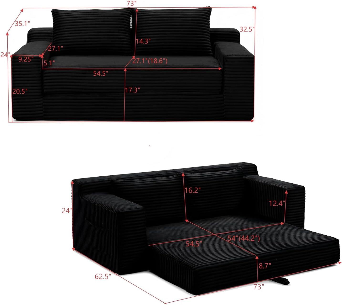Howcool 73" Boneless Loveseat Sleeper Sofa,2 in 1 Pull Out Convertible Corduroy Floor Couch with Side Storage Pockets & 2 Throw Pillows,Foldable Guest Couch for Living Room,No Assembly Required,Black
