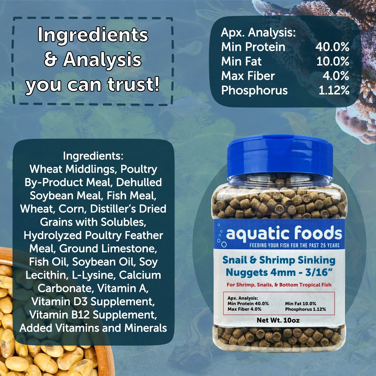 Snail & Shrimp 4mm-3/16" Sinking 40% Protein Nuggets for Snails, Shrimp, Axolotl, Salamanders, All Bottom Tropical Fish 2-lbs Jar