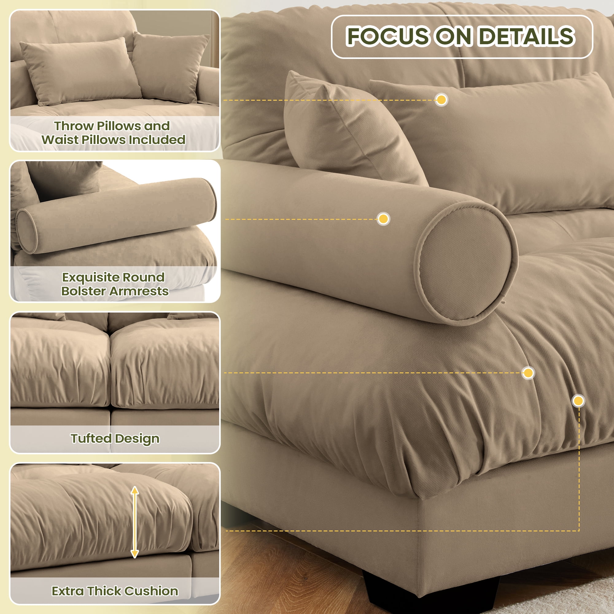 FFH Loveseat with Chaise, 93.7" Oversized U Shaped Cloud Sofa, Modular Sectional Sleeper Sofa with Bolstered Armrests (Velvet Camel, 2 Seater with 2 Ottomans)
